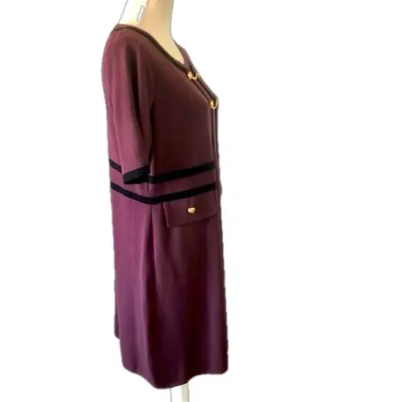 Ming Wang button detail contrast trim soft knit dress  burgundy black size M - Picture 6 of 14
